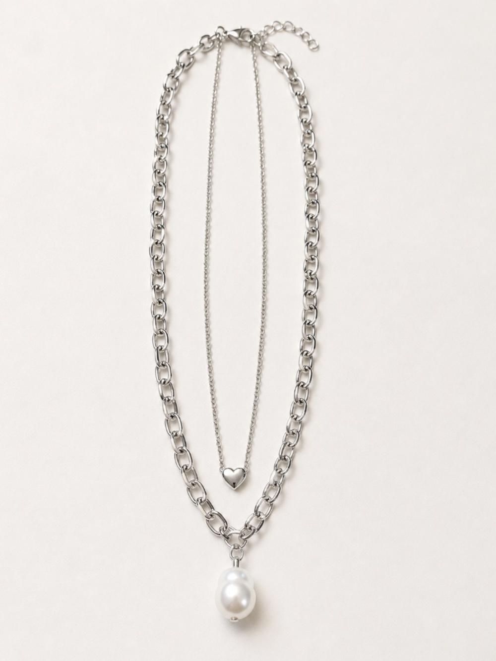 Silver-Tone Layered Heart & Pearl Pendant Necklace
